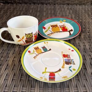 Create by Just Mugs 3-Piece Cappuccino Set Mug Saucer & Breakfast Plate OWLS
